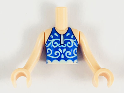 Torso Mini Doll Girl Blue Swimsuit Top with Light Aqua Filigree and Scalloped Waist Pattern, Light Nougat Arms with Hands, FTGpb234c01 Light nougat U