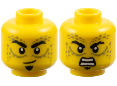 Minifigure, Head Dual Sided Black Eyebrows, Soul Patch, Olive Green Spots and Lines, Lopsided Grin / Open Mouth Scowl with Teeth Pattern, 3626pb3682 Yellow N