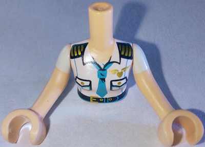 Torso Mini Doll Woman White Captain Uniform Top with Tie and Belt Pattern, Light Nougat Arms with Hands with White Sleeves, FTWpb292c01 Light nougat U