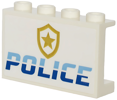 Деталь LEGO Panel 1 x 4 x 2 with Side Supports - Hollow Studs with Bright Light Blue and Blue 'POLICE' and Gold Star Badge Logo Pattern (Sticker) 14718pb028 White U