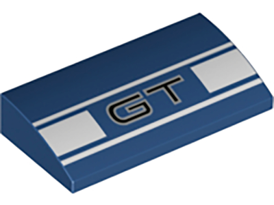 Slope, Curved 2 x 4 x 2/3 with Bottom Tubes with 'GT' and White Stripes Pattern, 88930pb095 Dark Blue U