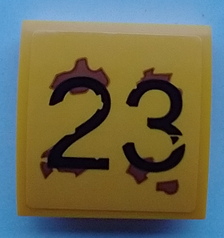 Slope, Curved 2 x 2 x 2/3 with Black '23', Medium Nougat Rust Splotches Pattern (Sticker) 15068pb343 Used