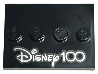 Tile, Modified 3 x 4 with 4 Studs in Center with Silver 'Disney 100' Pattern, 88646pb011 Black U