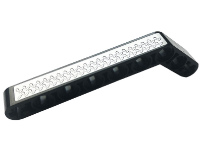 Technic, Liftarm, Modified Bent Thick 1 x 9 (7 - 3) with Silver Tread Plate Pattern (Sticker) - Set 42108, 32271pb025 Black U