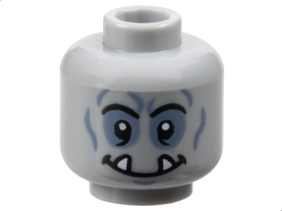 Minifigure, Head Alien Orc Black Eyebrows, Sand Blue Eye Shadow, Chin Dimple, and Wrinkles, Wide Grin with Bottom Fangs Pattern, 3626pb3576 Light Bluish Gray N