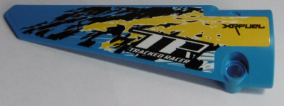 Technic, Panel Fairing # 5 Long Smooth, Side A with 'XRFUEL', 'TR TRACKED RACER' and Black, Yellow and White Splotches Pattern (Sticker) - Set 42095, 64681pb042 Dark Azure U
