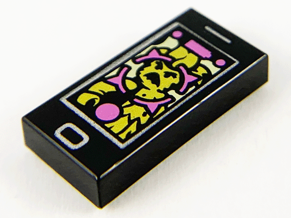 Tile 1 x 2 with Groove with Cell Phone / Smartphone with Bright Light Orange Ghost and Dark Pink Display Pattern 3069pb0794 Used