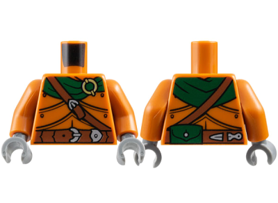 Torso Armor Plates, Dark Green Scarf, Gold Ring, Reddish Brown Belts, Silver Buckles, Pouch on Back Pattern / Dark Orange Arms / Dark Bluish Gray Hands, 973pb5825c01 Dark Orange N