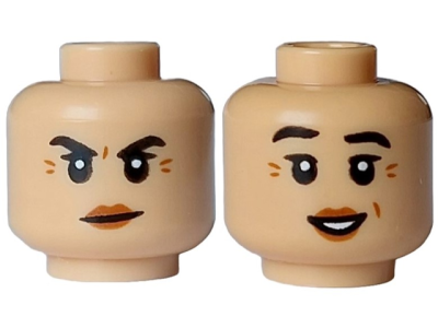 Minifigure, Head Dual Sided Female Black Eyebrows Raised, Dark Orange Wrinkles and Lips, Mouth Closed Angry / Open Smile with White Teeth Pattern, 3626pb3598 Medium Tan N