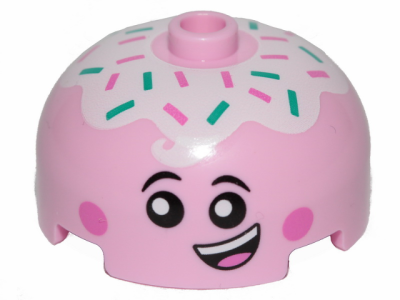 Brick, Round 3 x 3 x 1 1/3 Dome Top - Open Stud with Face with Smile, Eyes with Pupils, Pink Cheeks and Topping Pattern, 49308pb001 Bright Pink U