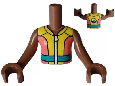 Torso Mini Doll Girl Coral and Yellow Wetsuit with White Zipper, Dark Turquoise Belt and Dolphin / Whale Logo on Back Pattern, Medium Brown Arms with Hands, FTGpb435c01 Medium Brown N