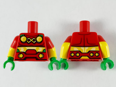 Torso 4 Yellow Circles and Belt Pattern / Yellow Arms with Molded Red Short Sleeves Pattern / Bright Green Hands, 973pb3733c01 Red U