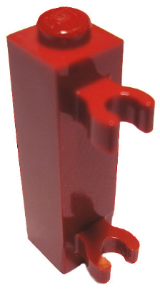 Brick, Modified 1 x 1 x 3 with 2 Clips (Vertical Grip) - Solid Stud, 60583a Red N