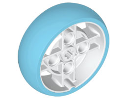 Wheel 43 x 14 Technic with Axle Hole and 4 Pin Holes with Molded Medium Azure Hard Rubber Tire Pattern, 65834pb01 White N