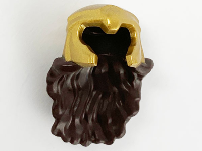 Minifigure, Hair Combo, Hair with Hat, Long and Wavy with Pearl Gold Helmet with Forehead and Cheek Protectors Pattern, 68406pb01 Dark Brown U
