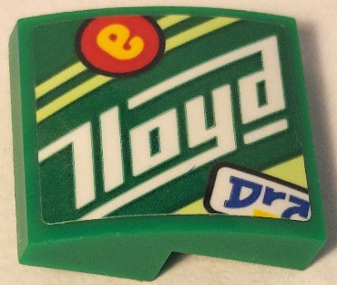 Slope, Curved 2 x 2 x 2/3 with Blue 'Dra', White 'Lloyd', Yellow Lowercase Letter e in Red Circle and Yellowish Green Stripes Pattern Model Left Side (Sticker) - Set 71709, 15068pb486L Green U