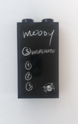 Panel 1 x 2 x 3 with Side Supports - Hollow Studs with 'moody', 'UNFORGIVEABLE', Numbers in White Circles and Spider Pattern (Sticker) - Set 75948, 87544pb053 Black U