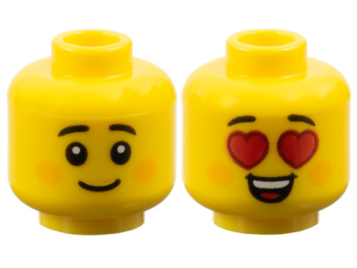 Minifigure, Head Dual Sided Child Black Small Eyebrows, Bright Light Orange Circles on Cheeks, Grin / Red Heart Eyes and Open Mouth Smile with Top Teeth and Tongue Pattern, 3626pb3771 Yellow N