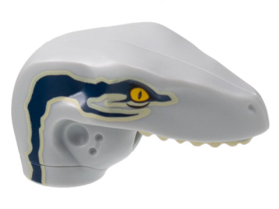 Dinosaur Head Raptor with Pin Hole with Tan Teeth and Dark Blue Stripes over Tan Pattern, 98065pb13 Light Bluish Gray U