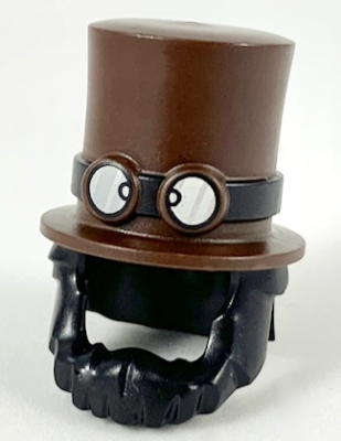 Minifigure, Hair Combo, Hair and Beard with Top Hat Large with Band with Goggles with Glasses Pattern, 35179pb01 Dark Brown U