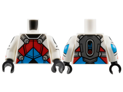Torso Armor with Black Neck, Dark Azure and Red Chevrons, Light Bluish Gray Straps and Dark Bluish Gray Jetpack on Back Pattern / White Arms with Black Octagons, Dark Azure Elbows and Red Sport Mountain Logos Pattern / Black Hands, 973pb5921c01 White N