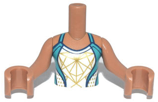 Torso Mini Doll Girl Dark Turquoise Swimsuit with White and Gold Front Panel and Round Open Back Pattern, Medium Nougat Arms with Hands, FTGpb334c01 Medium Nougat U