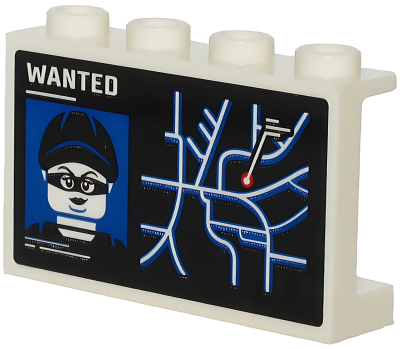 Деталь LEGO Panel 1 x 4 x 2 with Side Supports - Hollow Studs with White 'WANTED', Minifigure on Wanted Poster and City Map Pattern (Sticker) 14718pb029 White U