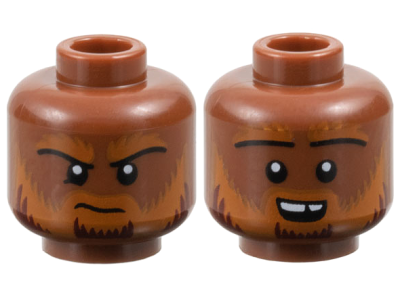 Minifigure, Head Dual Sided Dark Orange Eyebrows and Beard with Dark Red Highlights, Frown / Open Mouth Smile with Top Teeth Pattern, 3626pb3670 Reddish Brown U