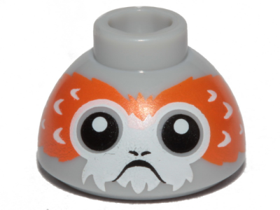 Brick, Round 1 1/2 x 1 1/2 x 2/3 Dome Top with Porg Head, V-Shaped between Eyes Pattern, 20952pb02a Light Bluish Gray U