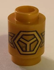 Brick, Round 1 x 1 with Gold Subdivided Hexagon and Wings Pattern, 3062pb056