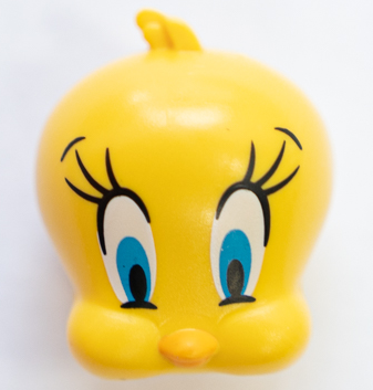 Minifigure, Head, Modified Looney Tunes Tweety with Black Eyelashes and Dark Azure Eyes Pattern, 69974pb01 Yellow U