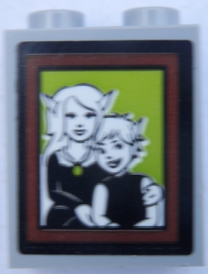 Brick 1 x 2 x 2 with Inside Stud Holder with 2 Black and White Elves Portrait on Lime Background and Reddish Brown Frame Pattern (Sticker) - Set 41188, 3245cpb131 Light Bluish Gray U