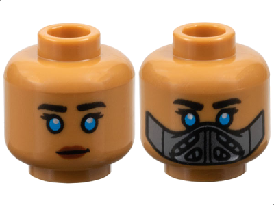 Minifigure, Head Dual Sided Female Black Eyebrows and Eyelashes, Dark Azure Eyes, Neutral with Reddish Brown Lips / Dark Bluish Gray and Dark Silver Mask Pattern, 3626pb3537 Medium Nougat N