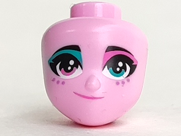 Mini Doll, Head Friends with Black Eyebrows, Dark Turquoise Left Eye, Dark Pink Right Eye, Eye Shadow, Dots, and Lopsided Grin Pattern, 47798 Bright Pink U