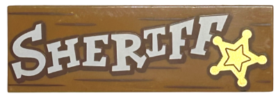Tile 2 x 6 with White 'SHERIFF', Gold Star and Reddish Brown Wood Grain Lines Pattern, 69729pb072 Medium Nougat N