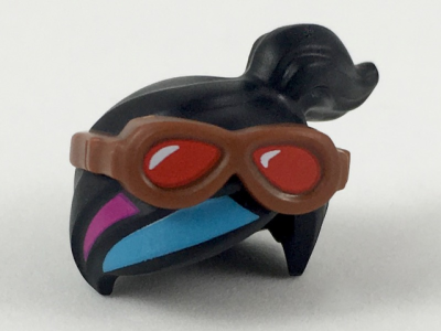 Minifigure, Hair Combo, Female Ponytail Off-center, Reddish Brown Goggles with Red Lenses, Magenta and Medium Azure Stripes Pattern, 34714pb01 Black U