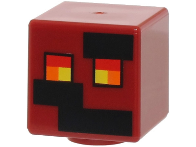 Minifigure, Head, Modified Cube with Pixelated Black Rectangles and Red, Orange, and Yellow Eyes Pattern (Minecraft Magma Cube), 19729pb020 Dark Red U