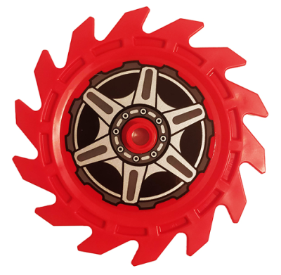 Technic Circular Saw Blade 9 x 9 with Pin Hole and Teeth in Same Direction with Wheel Spokes and Hub Pattern on Both Sides (Stickers) - Set 70642, 61403pb04 Red U