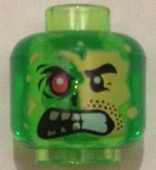 Minifigure, Head Alien Split Face Angry, Normal Left Side with Yellow Skin and Stubble, Burned Right Side with Red Eye Pattern, 3626pb1346 Trans-Bright Green U