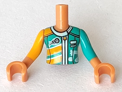 Torso Mini Doll Girl Bright Light Orange and Dark Turquoise Racing Jacket Pattern, Medium Nougat Arms with Hands with Bright Light Orange Right Sleeve, Dark Turquoise Left Sleeve, FTGpb189c01 Medium Nougat U