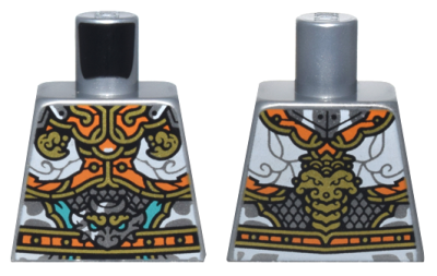 Torso Armor with Orange and Gold Plates, White Clouds, and Silver Dragon Head Pattern, 973pb5267 Flat Silver U