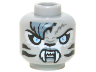 Minifigure, Head Alien Chima Tiger with Bright Light Blue Eyes, Black Nose and Stripes, Sand Blue Bangs and Lips, and White Fangs Pattern, 3626pb1301 Light Bluish Gray U