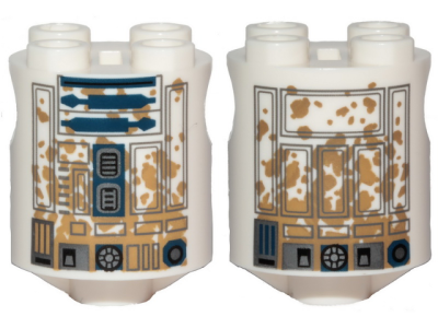 Brick, Round 2 x 2 x 2 Robot Body with Gray Lines and Dark Blue with Dark Tan Dirt Stains Pattern on Both Sides (R2-D2), 30361pb044 White U