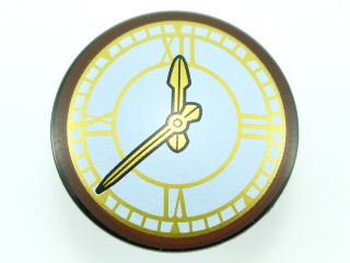 Minifigure, Shield Circular / Round Convex Face with Clock with Gold Hands and Roman Numerals Pattern, 75902pb11 Black U