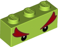 Brick 1 x 3 with Black Eyes and Large Red Eyebrows Pattern (Super Mario Bowser Jr. Upper Face), 3622pb122 Lime N