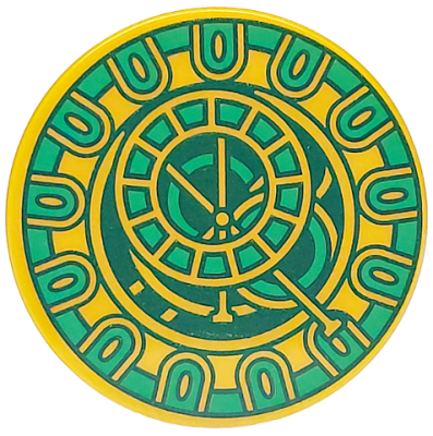 Tile, Round 3 x 3 with Clock Face with Green and Dark Green Rings Pattern, 67095pb083 Pearl Gold U