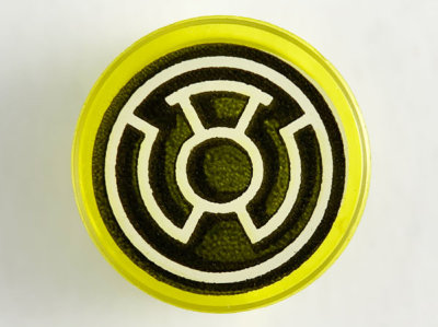 Tile, Round 1 x 1 with Black and White Yellow Lantern Logo Pattern, 98138pb114 Trans-Yellow U