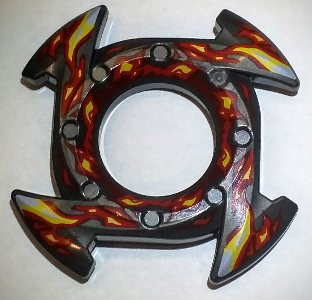 Ring 4 x 4 with 2 x 2 Hole and 4 Arrow Ends with Yellow and Red Flames Pattern (Ninjago Spinner Crown), 98341pb06 Pearl Dark Gray U