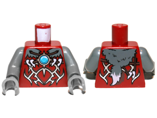 Torso Armor Vest with Silver Markings, Fur Animal Pelt and Dark Azure Round Jewel (Chi) Pattern / Dark Bluish Gray Arms / Dark Bluish Gray Hands, 973pb1351c01 Dark Red U