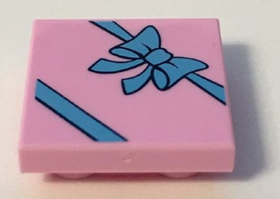 Tile, Modified 2 x 2 Inverted with Gift Wrap Medium Blue Bow Pattern, 11203pb013 Bright Pink U